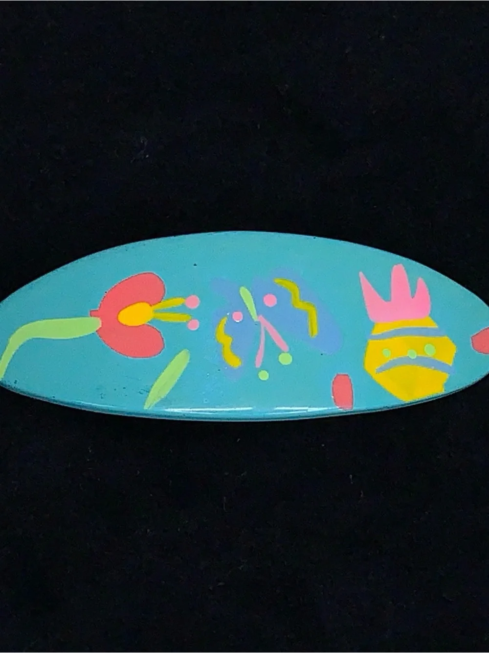 Vintage 80s Hair Barrette Teal Floral Retro Colorful Oval Silver Western